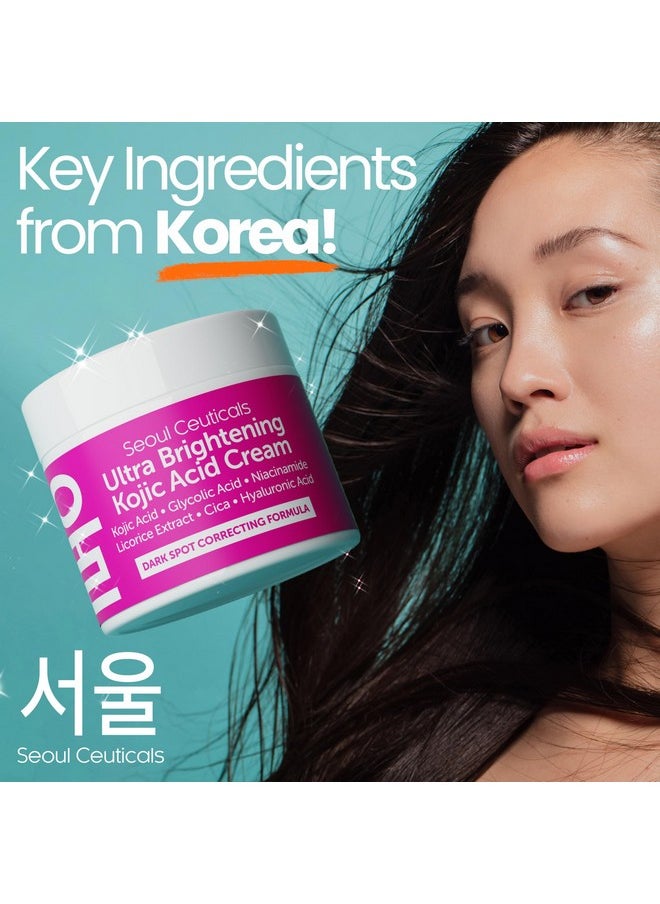 SeoulCeuticals Korean Kojic Acid Cream Dark Spot Remover + Glycolic Acid + Niacinamide + Cica + HA Moisturizer - Cruelty Free K Beauty Skincare 2oz