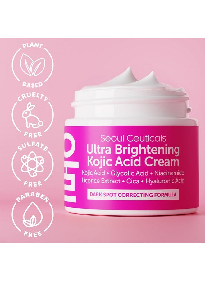 SeoulCeuticals Korean Kojic Acid Cream Dark Spot Remover + Glycolic Acid + Niacinamide + Cica + HA Moisturizer - Cruelty Free K Beauty Skincare 2oz