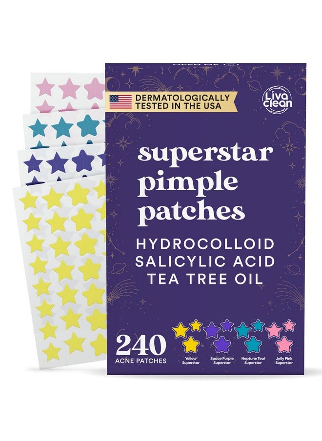 LivaClean Star Pimple Patches for Face w/Hydrocolloid, Salicylic Acid & Tea Tree | 240 Patches | Hydrocolloid Acne Patches, Cute Star Pimple Patches for Healing Stickers Zit Patch Superstar