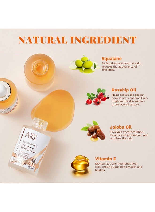 ANAI RUI Squalane + Vitamin E Rosehip Oil Moisturizer for Face Hydrate, Reduce Scars and Stretch Marks, Wrinkles for Smoother, Softer Skin 1 fl. Oz