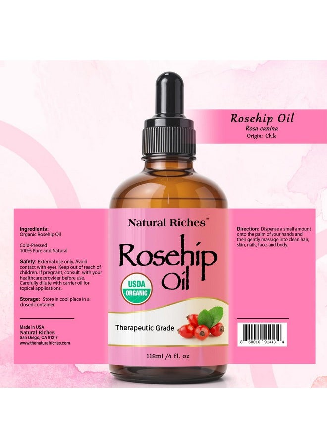 Natural Riches Organic Rosehip Seed Oil for Face 100% Pure Natural Cold Pressed Unrefined Non-GMO Carrier Oil for Skin Hair & Nails. 4 fl oz.