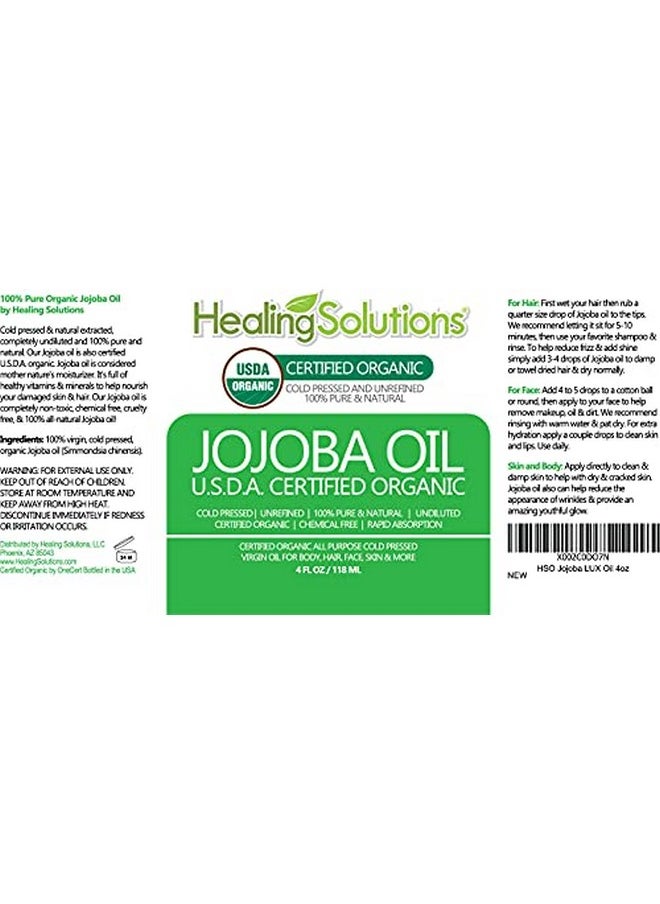 Healing Solutions - Jojoba Oil Organic 4oz Cold Pressed Unrefined for Skin, Hair, Face & Cuticle Moisturizer, Acne Fighter - 118ml - Jojoba Oil Organic for Skin - Jojoba Oil for Face