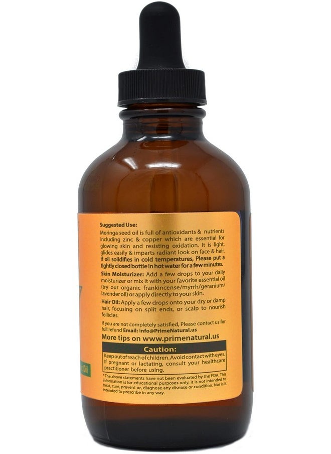 PRIME NATURAL Organic Moringa Oil USDA Certified, 100% Pure, Cold Pressed, Virgin, Unrefined Oil (4oz /120ml) - Joints, Skin, Face, Body & Hair - Vegan - Food Grade - Natural Moisturizer