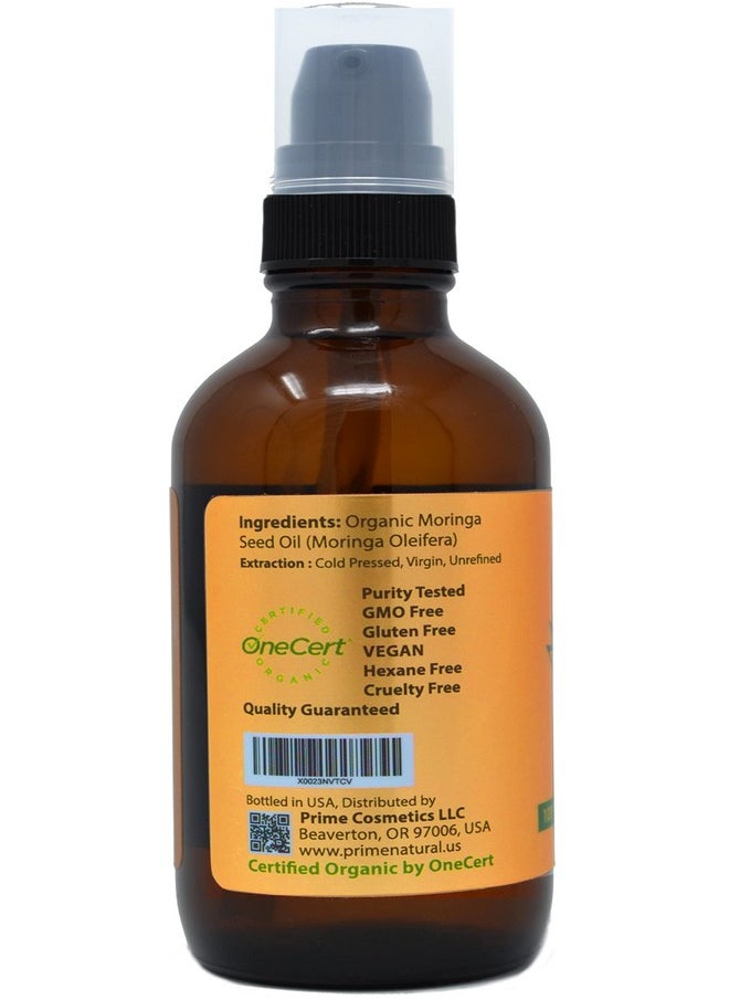 PRIME NATURAL Organic Moringa Oil USDA Certified, 100% Pure, Cold Pressed, Virgin, Unrefined Oil (4oz /120ml) - Joints, Skin, Face, Body & Hair - Vegan - Food Grade - Natural Moisturizer