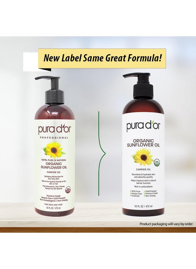 PURA D'OR 16 Oz ORGANIC Sunflower Seed Oil - 100% Pure & Natural USDA Certified Cold Pressed Carrier Oil For DIY Beauty - Unscented, Hexane Free Liquid Moisturizer - Face Skin & Hair - Men & Women