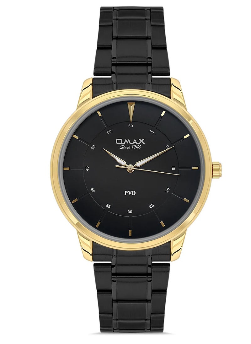 Omax Men's Black Luxury Wristwatch, Watches for Men, Stainless Watches, Silver Steel Band, Gold Analog Dial, Waterproof Watch, 1 Year Warranty