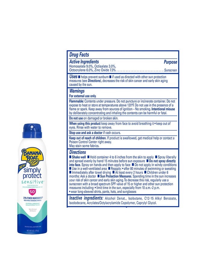 Banana Boat Mineral Enriched Sunscreen, Sensitive Skin, Broad Spectrum Spray, SPF 50, 6oz. - Twin Pack