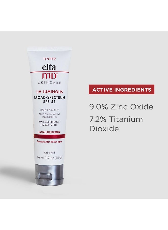 EltaMD UV Luminous Tinted Face Sunscreen and Primer, SPF 41 Rosy Tinted Mineral Sunscreen with Zinc Oxide, 1.7 oz Tube