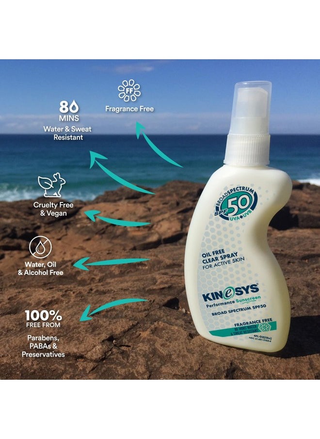 KINeSYS Fragrance Free Clear Spray Sunscreen for sensitive skin, SPF 50, Hypoallergenic, Broad Spectrum UVA/UVB protection for Face & Body; PABA and Oxybenzone FREE, 700+ Sprays, 4 Fl Oz/120 mL