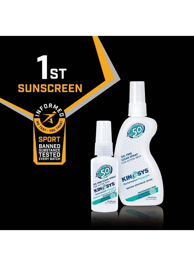KINeSYS Fragrance Free Clear Spray Sunscreen for sensitive skin, SPF 50, Hypoallergenic, Broad Spectrum UVA/UVB protection for Face & Body; PABA and Oxybenzone FREE, 700+ Sprays, 4 Fl Oz/120 mL