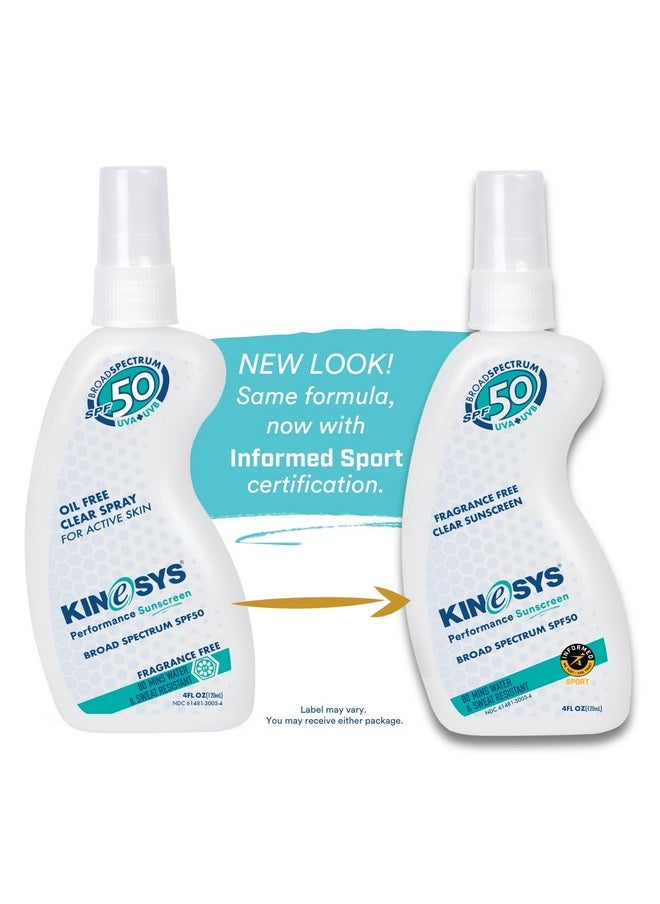KINeSYS Fragrance Free Clear Spray Sunscreen for sensitive skin, SPF 50, Hypoallergenic, Broad Spectrum UVA/UVB protection for Face & Body; PABA and Oxybenzone FREE, 700+ Sprays, 4 Fl Oz/120 mL