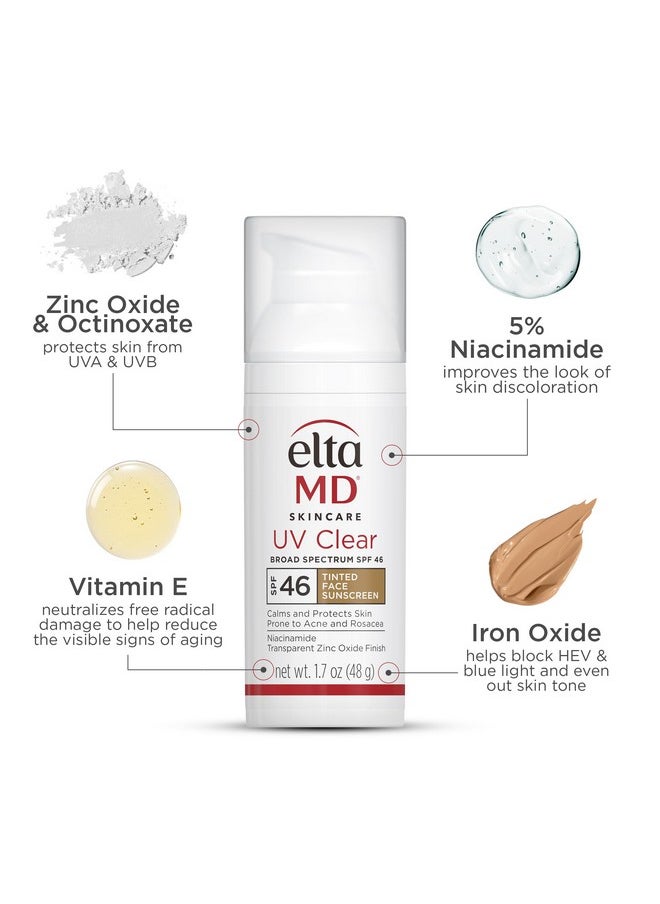 EltaMD UV Clear Tinted Face Sunscreen SPF 46, Oil- Free Tinted Sunscreen with Zinc Oxide, Dermatologist Recommended Sunscreen, 1.7 oz Pump