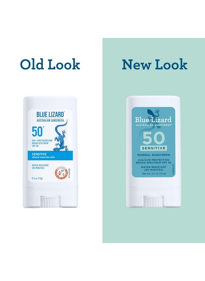 BLUE LIZARD Sensitive Mineral Sunscreen Stick with Zinc Oxide, SPF 50+, Water Resistant, UVA UVB Protection Easy to Apply, Fragrance Free, 0.5 Oz