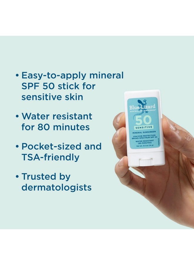 BLUE LIZARD Sensitive Mineral Sunscreen Stick with Zinc Oxide, SPF 50+, Water Resistant, UVA UVB Protection Easy to Apply, Fragrance Free, 0.5 Oz
