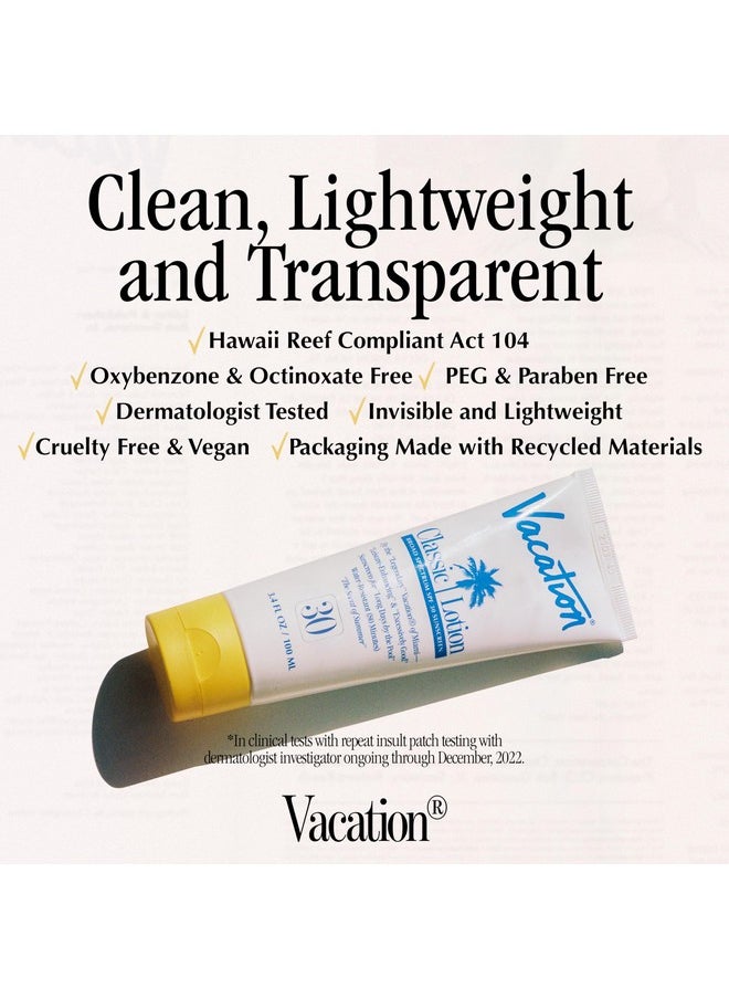 Vacation Classic Sunscreen Lotion SPF 30 + Air Freshener Bundle, Water Resistant Broad Spectrum Sunscreen Sun Block, Vegan Sun Tanning Lotion, Body Lotion with SPF, SPF 30 Sunscreen, 3.4 Fl. Oz.