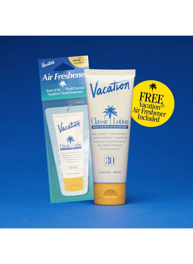 Vacation Classic Sunscreen Lotion SPF 30 + Air Freshener Bundle, Water Resistant Broad Spectrum Sunscreen Sun Block, Vegan Sun Tanning Lotion, Body Lotion with SPF, SPF 30 Sunscreen, 3.4 Fl. Oz.