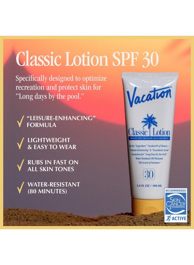 Vacation Classic Sunscreen Lotion SPF 30 + Air Freshener Bundle, Water Resistant Broad Spectrum Sunscreen Sun Block, Vegan Sun Tanning Lotion, Body Lotion with SPF, SPF 30 Sunscreen, 3.4 Fl. Oz.