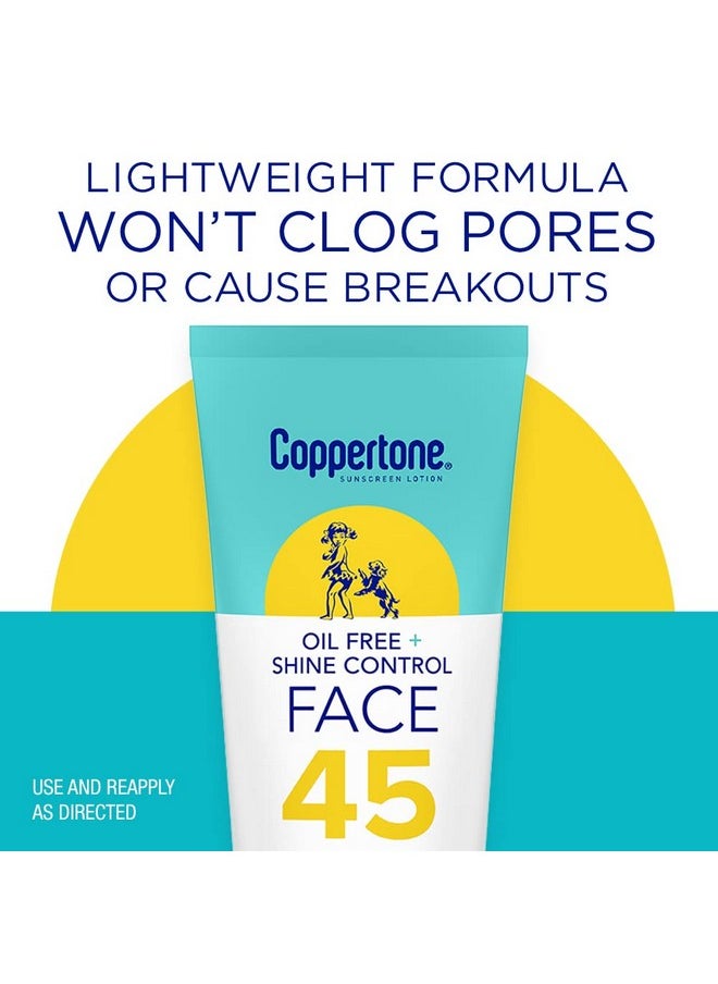 Coppertone Oil Free + Shine Control Sunscreen Face Lotion SPF 45, Lightweight Sunscreen for All Skin Tones, Won't Clog Pores, Fragrance Free, 2.5 Fl Oz Tube