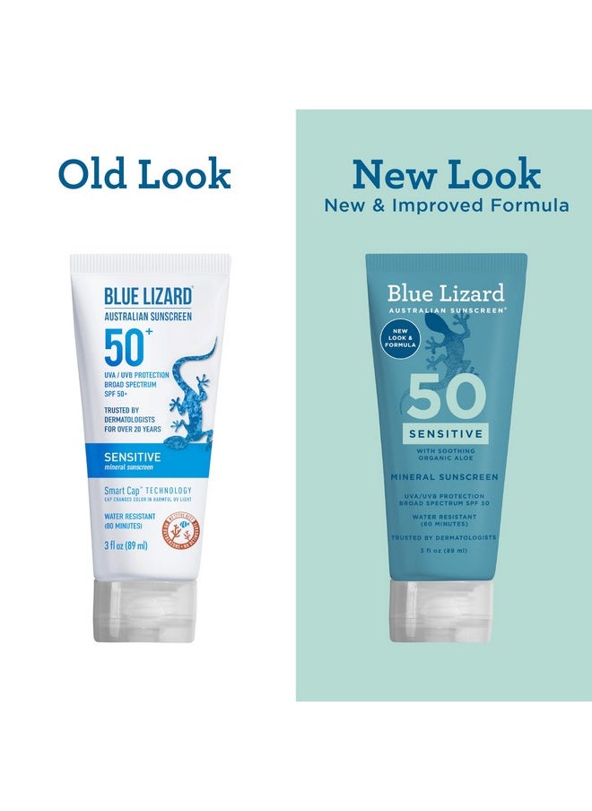 Blue Lizard SENSITIVE Mineral Sunscreen with Zinc Oxide, SPF 50+, Water Resistant, UVA/UVB Protection with Smart Cap Technology - Fragrance Free, 3 oz. Tube