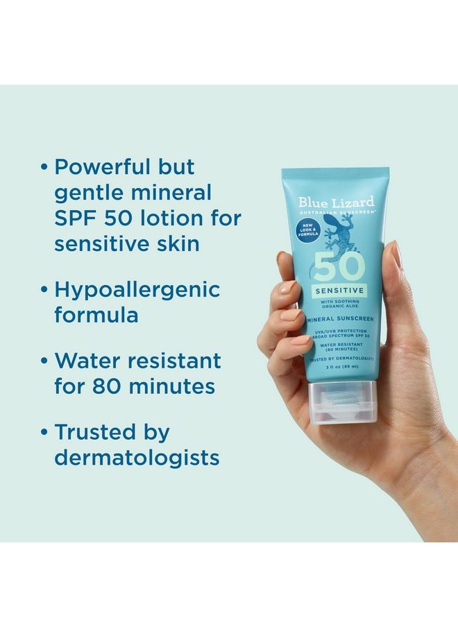 Blue Lizard SENSITIVE Mineral Sunscreen with Zinc Oxide, SPF 50+, Water Resistant, UVA/UVB Protection with Smart Cap Technology - Fragrance Free, 3 oz. Tube