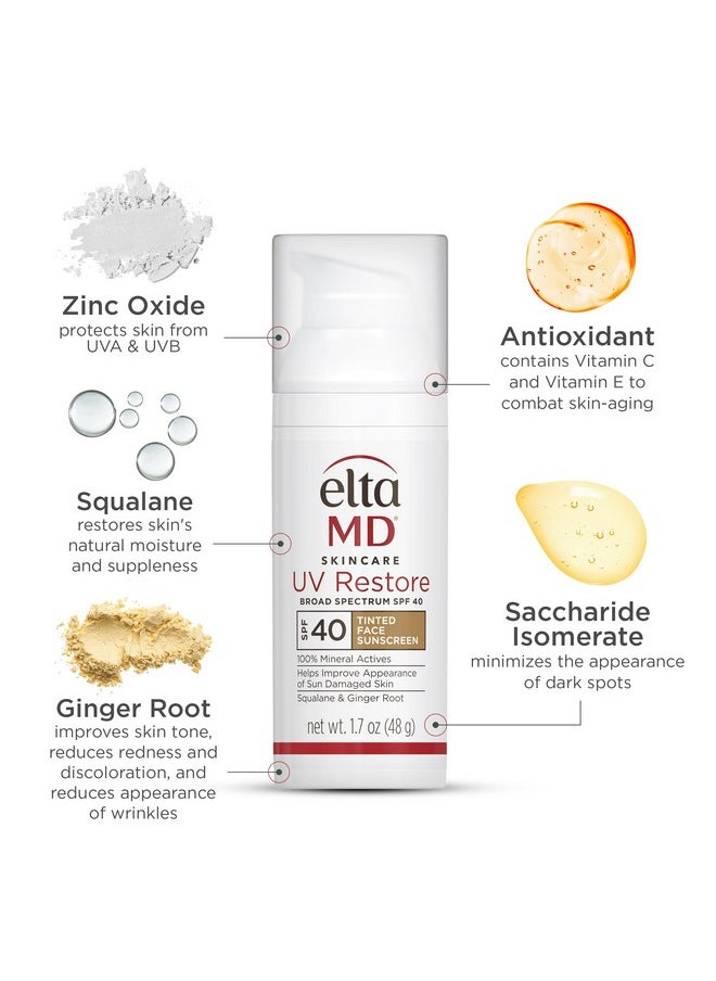 EltaMD UV Restore Tinted Face Sunscreen, SPF 40 Tinted Mineral Sunscreen for Sun Damaged Skin Repair, Zinc Oxide Sunscreen Formula, 2 oz Tube