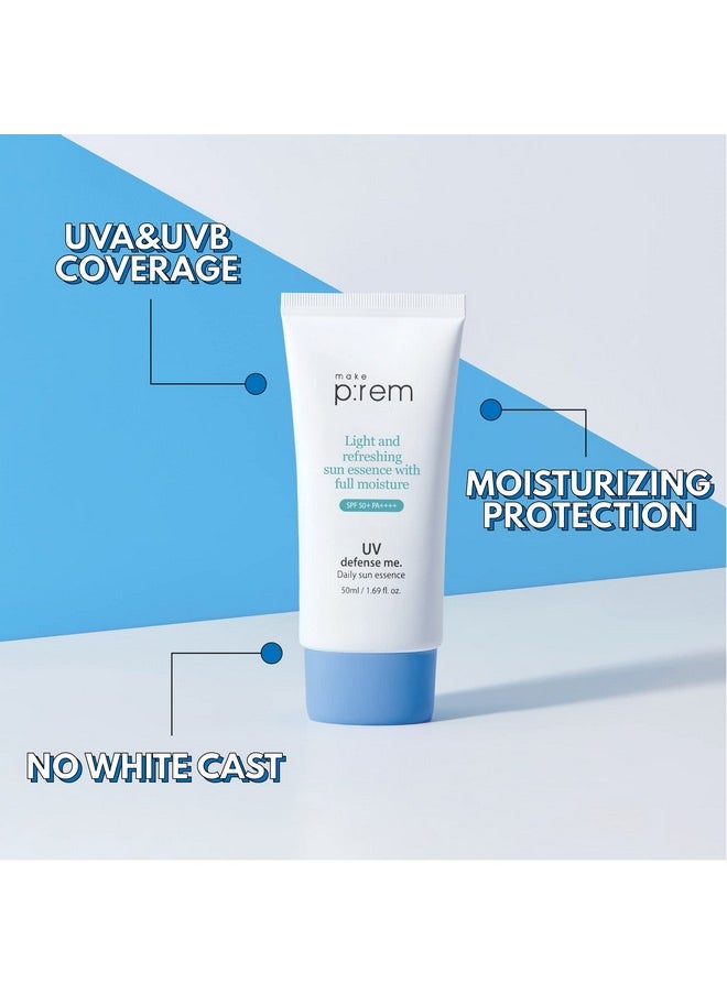 MAKEPREM UVA UVB Defense Me Daily Sun Essence VEGAN Makeup Sunscreen Gel SPF 50+ PA++++ 1.69 Fl Oz Reef-Safe Moisture Sunblock Strong UV Blue Ray Broad Protection Dry Oily Sensitive Acne-Prone Skin