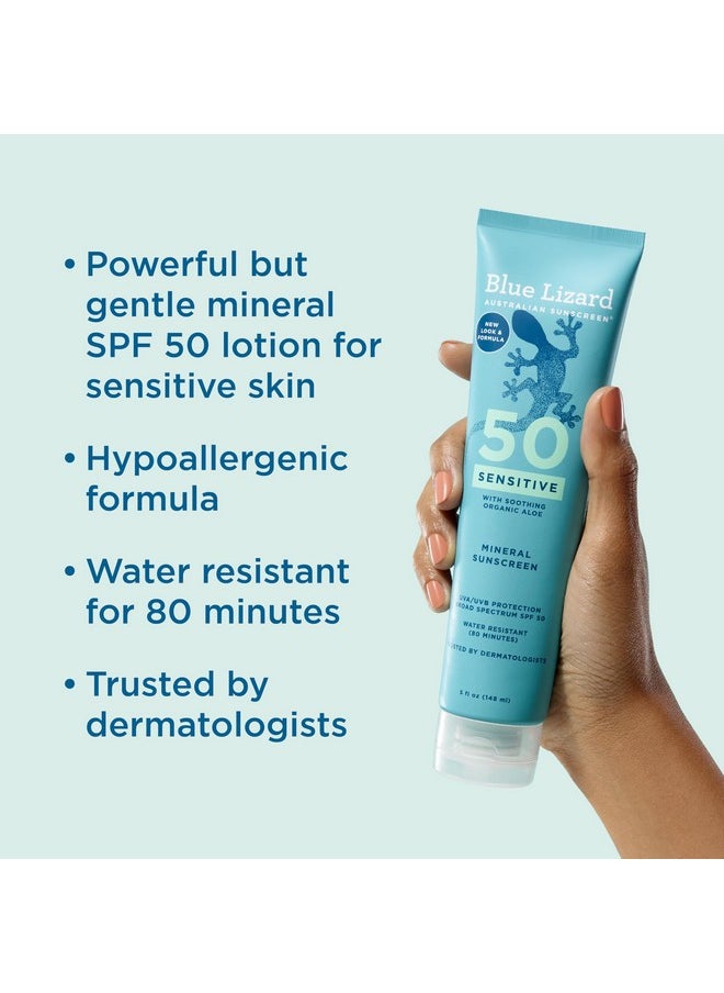 BLUE LIZARD Sensitive Mineral Sunscreen with Zinc Oxide 50+ Water Resistant UVAUVB Protection with Smart Cap Technology Fragrance Free, Sensitve, SPF 50 - - Tube, Unscented, 5 Fl Oz