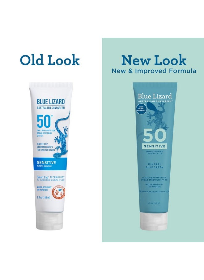 BLUE LIZARD Sensitive Mineral Sunscreen with Zinc Oxide 50+ Water Resistant UVAUVB Protection with Smart Cap Technology Fragrance Free, Sensitve, SPF 50 - - Tube, Unscented, 5 Fl Oz