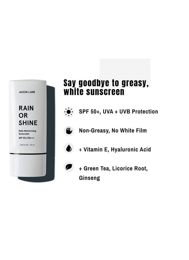 RAIN OR SHINE Anti Aging Face Sunscreen SPF 50 for Clear Skin with Green Tea, Hyaluronic Acid, Vitamin E Oil, Ginseng Extract, Licorice Root - SPF Moisturizer for Face, Fragrance Free 2.03 Oz