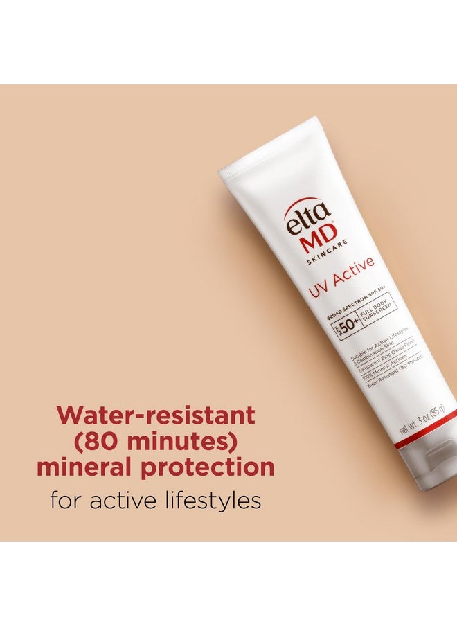 EltaMD UV Active Mineral Sunscreen with Zinc Oxide, SPF 50+, Water Resistant Sunscreen Up to 80 Minutes, 3.0 oz Tube