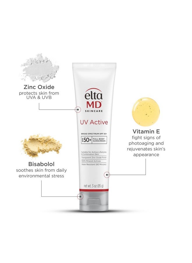 EltaMD UV Active Mineral Sunscreen with Zinc Oxide, SPF 50+, Water Resistant Sunscreen Up to 80 Minutes, 3.0 oz Tube
