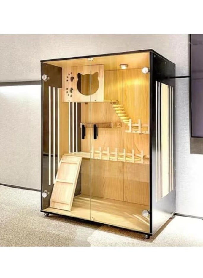 Premium Cat House - Cat Tree with enclosed space for Cat Litter Box, Cat Condo and Spacious Play Area for Your Loved Pet to enjoy (Single Column - 90 * 60 * 120cm, Golden Deluxe)