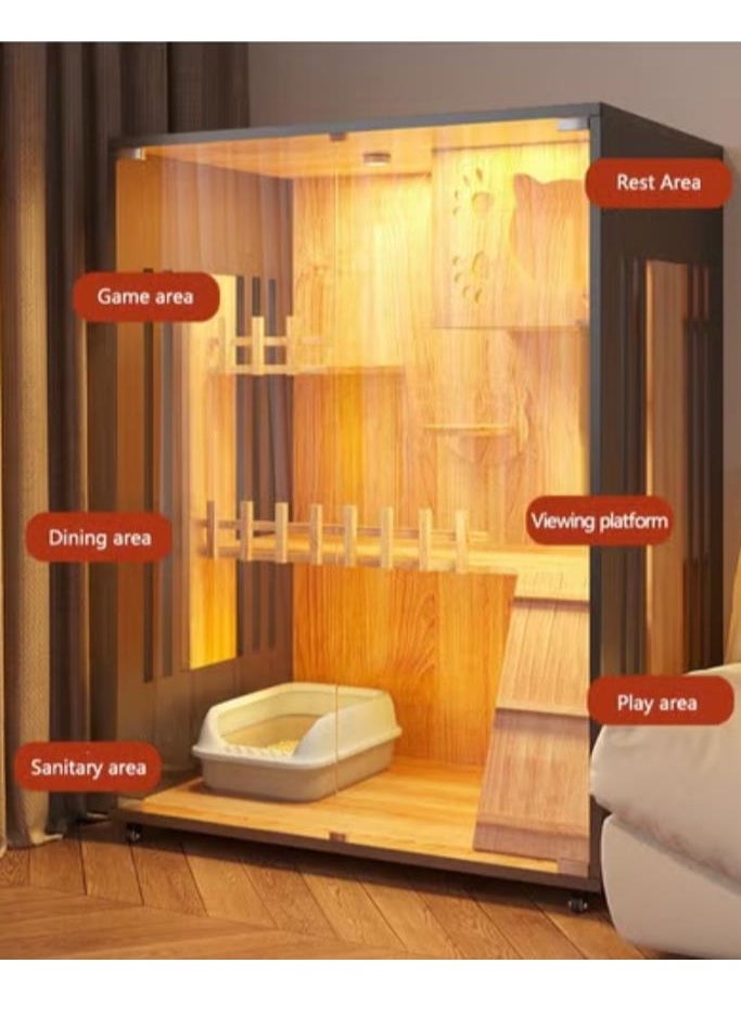 Premium Cat House - Cat Tree with enclosed space for Cat Litter Box, Cat Condo and Spacious Play Area for Your Loved Pet to enjoy (Single Column - 90 * 60 * 120cm, Golden Deluxe)