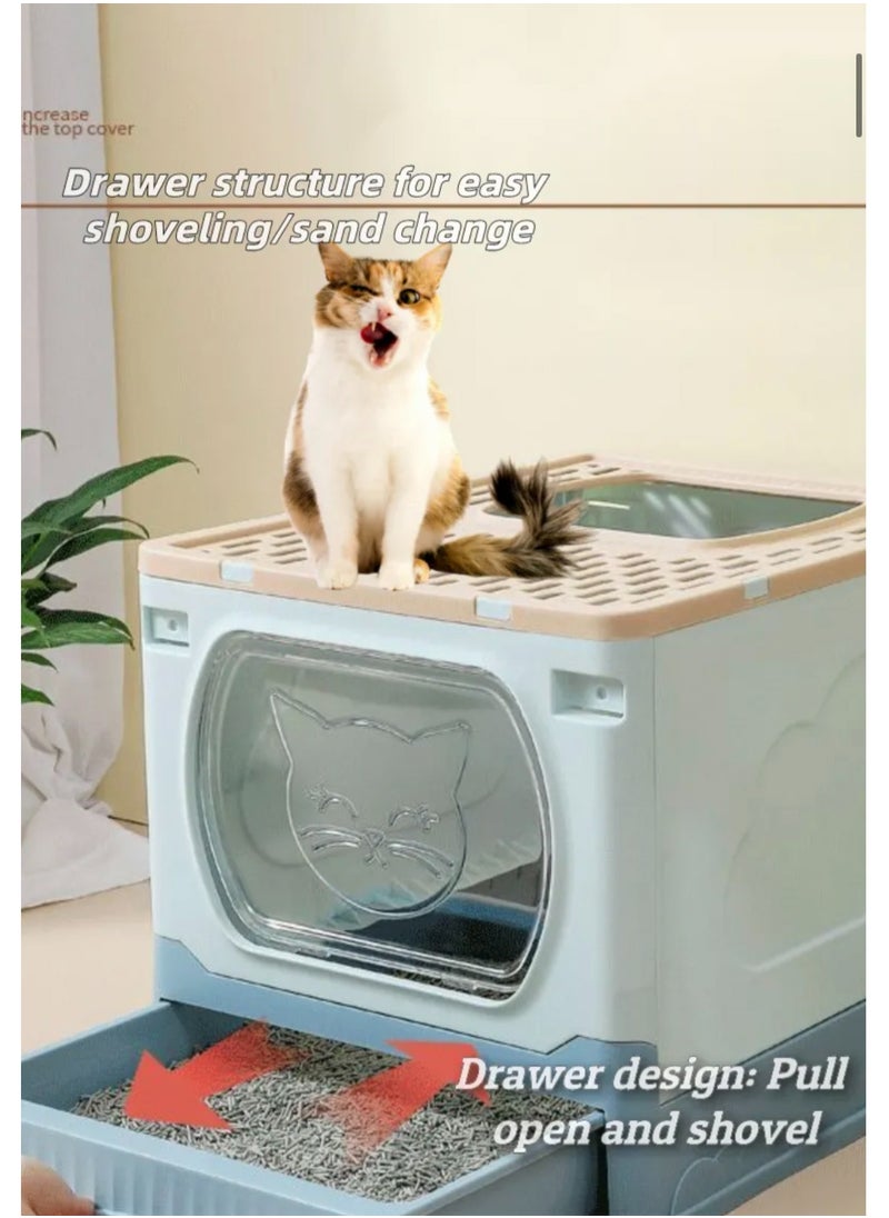 Large Foldable Cat Litter Box with Lid and Kitty Litter Scoop Drawer Front Entry & Top Exit Covered Kitten Box