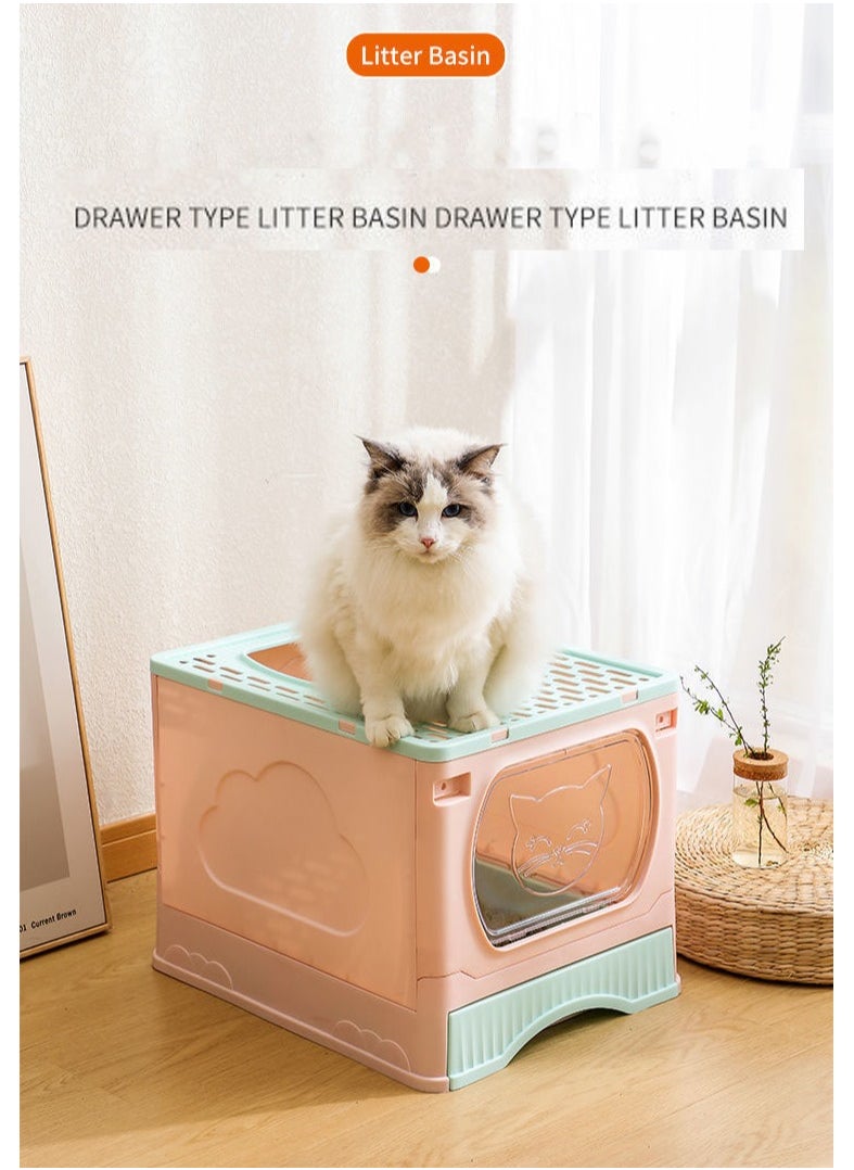 Large Foldable Cat Litter Box with Lid and Kitty Litter Scoop Drawer Front Entry & Top Exit Covered Kitten Box