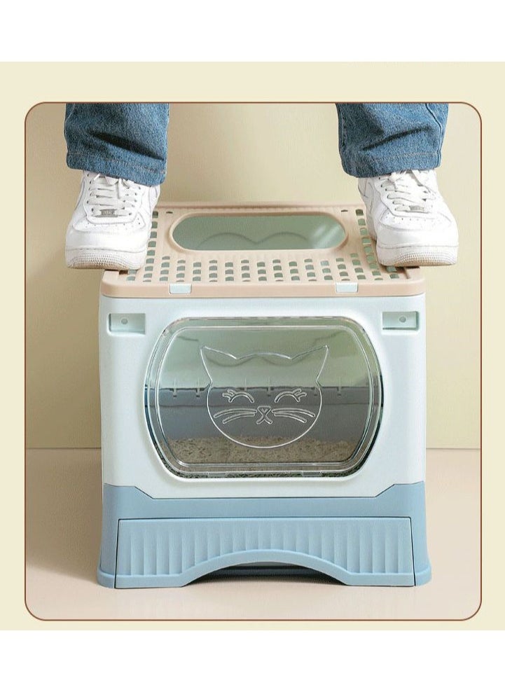 Large Foldable Cat Litter Box with Lid and Kitty Litter Scoop Drawer Front Entry & Top Exit Covered Kitten Box