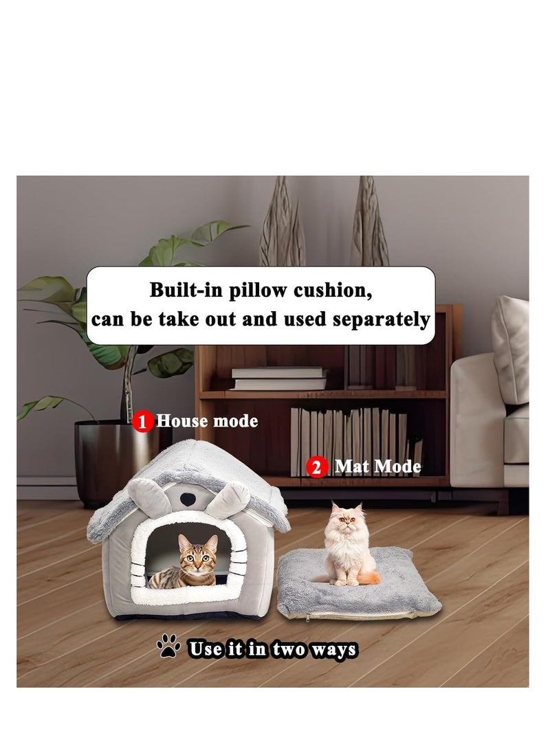 Pet cave bed with Plush material, Removable Cushion, Washable, and Foldable, Comfortable cat house with Cartoon hood design, Portable, Removable Zippered and Anti-slip bottom, Medium 48 cm (Grey)