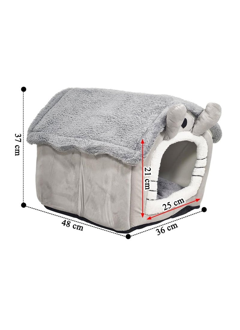 Pet cave bed with Plush material, Removable Cushion, Washable, and Foldable, Comfortable cat house with Cartoon hood design, Portable, Removable Zippered and Anti-slip bottom, Medium 48 cm (Grey)