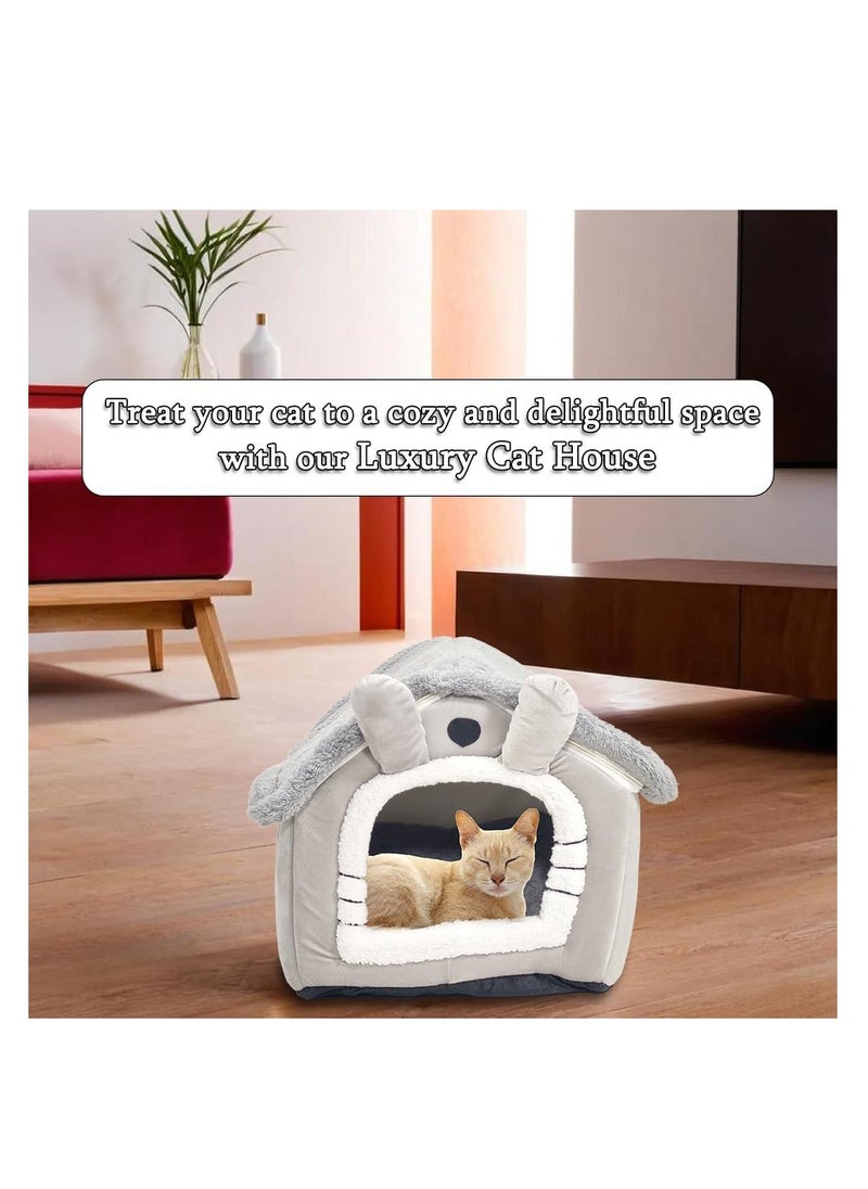 Pet cave bed with Plush material, Removable Cushion, Washable, and Foldable, Comfortable cat house with Cartoon hood design, Portable, Removable Zippered and Anti-slip bottom, Medium 48 cm (Grey)