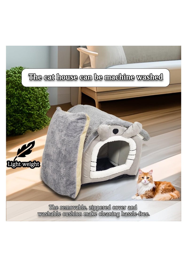 Pet cave bed with Plush material, Removable Cushion, Washable, and Foldable, Comfortable cat house with Cartoon hood design, Portable, Removable Zippered and Anti-slip bottom, Medium 48 cm (Grey)