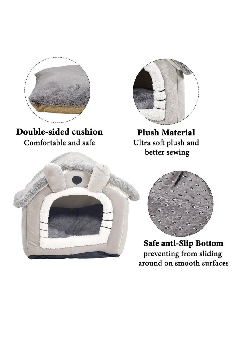 Pet cave bed with Plush material, Removable Cushion, Washable, and Foldable, Comfortable cat house with Cartoon hood design, Portable, Removable Zippered and Anti-slip bottom, Medium 48 cm (Grey)