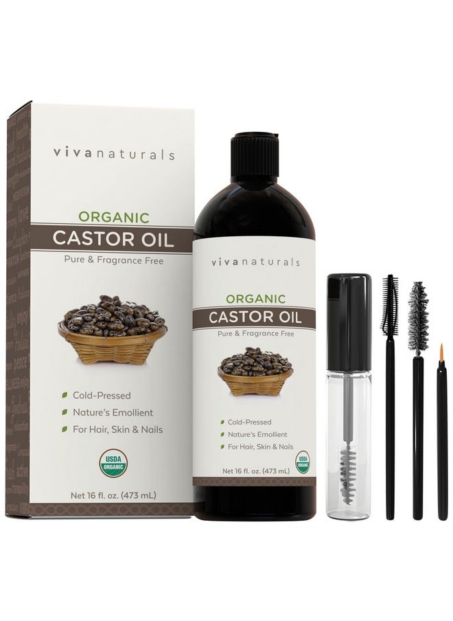 Viva Naturals Cold pressed Organic Castor Oil 16 fl oz - Castor Oil for Face, Castor Oil for Eyelashes, Traditional Eyebrow Serum, Castor Oil for Hair - Certified Organic & Non-GMO