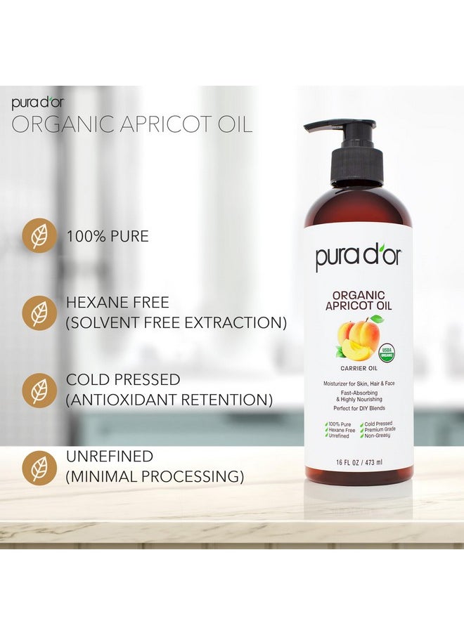 PURA D'OR 16 Oz ORGANIC Apricot Kernel Oil - 100% Pure & Natural USDA Certified Cold Pressed Carrier Oil - Antioxidant & Vitamin E Rich Moisturizer for Natural Glow & Softness - Face, Skin & Hair