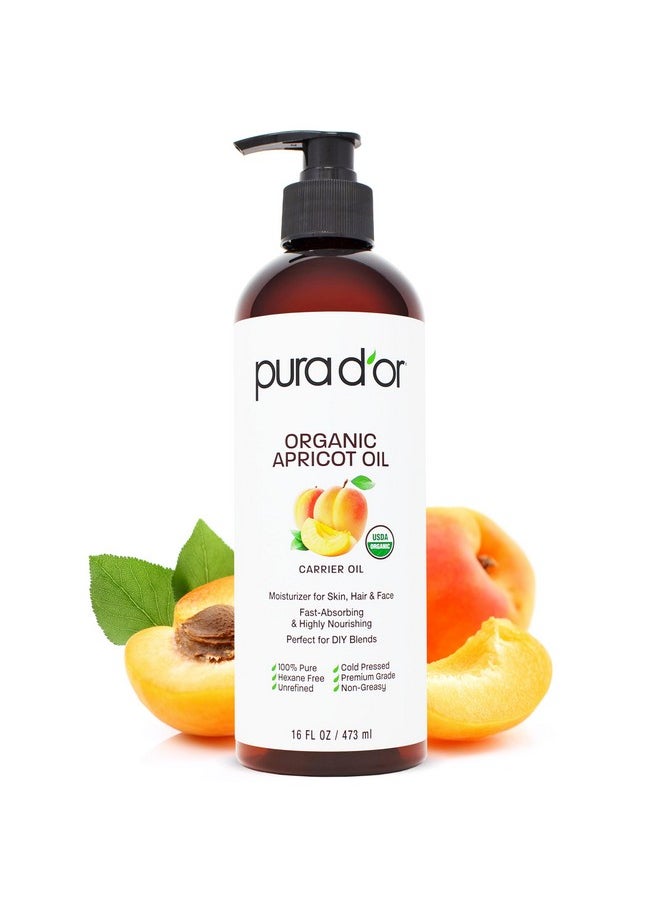 PURA D'OR 16 Oz ORGANIC Apricot Kernel Oil - 100% Pure & Natural USDA Certified Cold Pressed Carrier Oil - Antioxidant & Vitamin E Rich Moisturizer for Natural Glow & Softness - Face, Skin & Hair