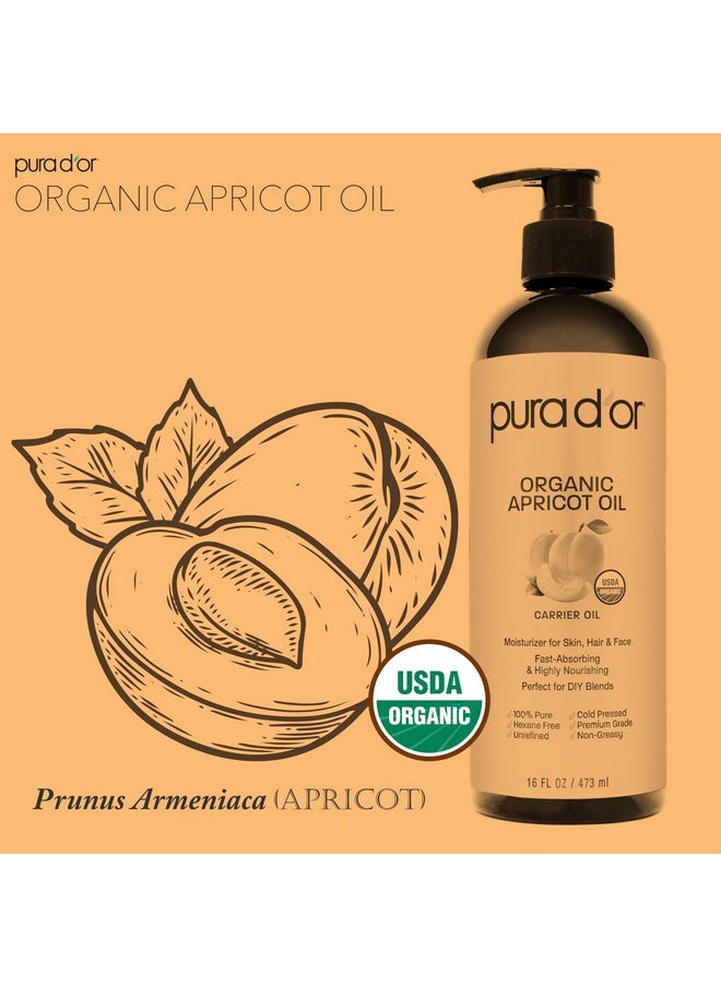 PURA D'OR 16 Oz ORGANIC Apricot Kernel Oil - 100% Pure & Natural USDA Certified Cold Pressed Carrier Oil - Antioxidant & Vitamin E Rich Moisturizer for Natural Glow & Softness - Face, Skin & Hair