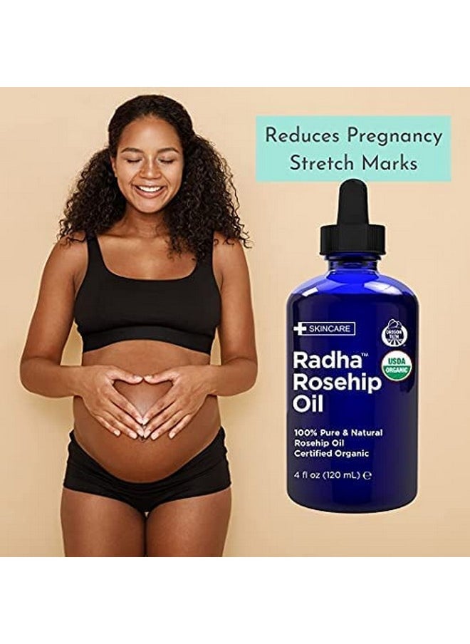 Radha Beauty 4 oz Organic Rosehip Seed Oil 100% Pure Cold Pressed - Great Carrier Oil for Moisturizing Face, Hair, Skin, & Nails, Hydrating and Nourishing