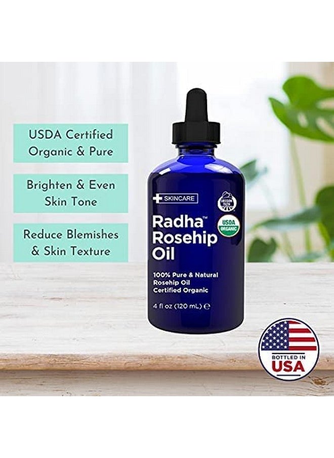 Radha Beauty 4 oz Organic Rosehip Seed Oil 100% Pure Cold Pressed - Great Carrier Oil for Moisturizing Face, Hair, Skin, & Nails, Hydrating and Nourishing