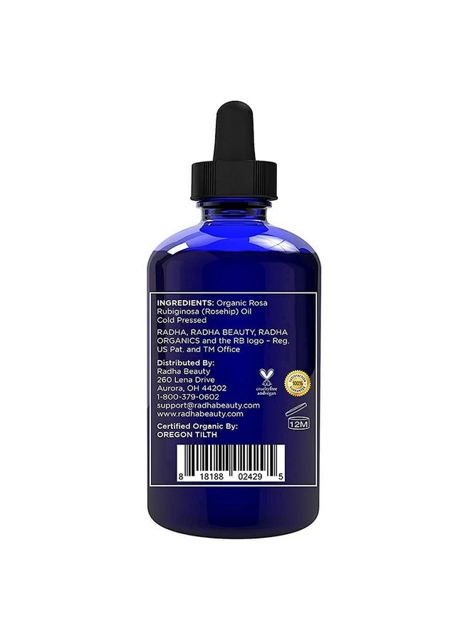 Radha Beauty 4 oz Organic Rosehip Seed Oil 100% Pure Cold Pressed - Great Carrier Oil for Moisturizing Face, Hair, Skin, & Nails, Hydrating and Nourishing