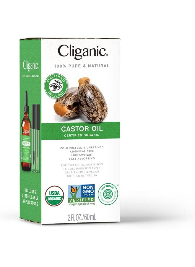 Cliganic Organic Castor Oil, 100% Pure (2oz with Eyelash Kit) - For Eyelashes, Eyebrows, Hair & Skin
