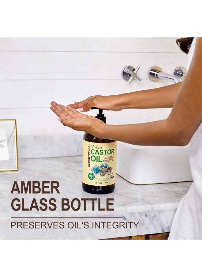 Yoken USDA Organic Castor Oil Glass Bottle 32 fl oz (with Pump) 100% Pure Castor Oil for Skin Face Hair, Cold Press, Hexane Free, Unrefined Caster oil for Castor Oil Pack Deep Nourish Body Moisturizer